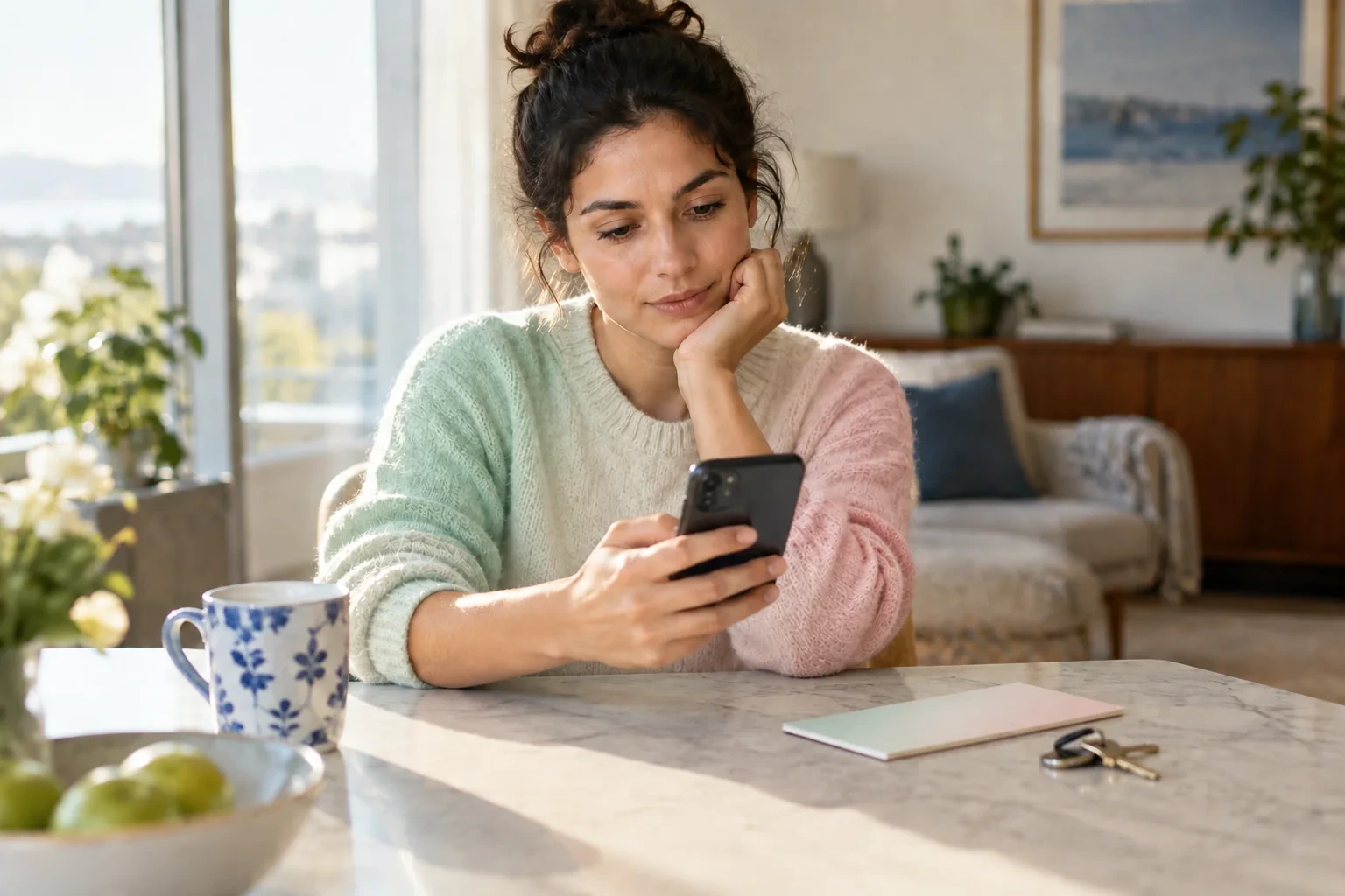 A woman in a mint, cream and pale-pink sweater checks her phone at a sunlit table.