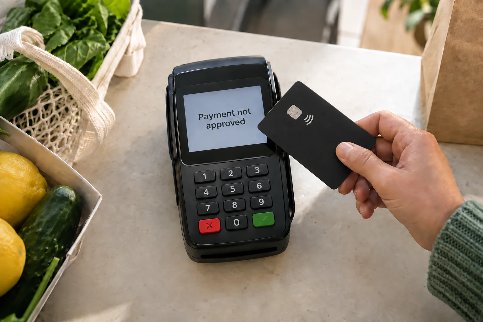 An unbranded black card beside a grocery payment terminal showing Payment not approved.