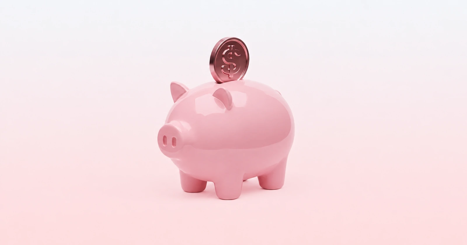 Glossy pink piggy bank with a rose-gold coin, centered on a pale pink gradient.