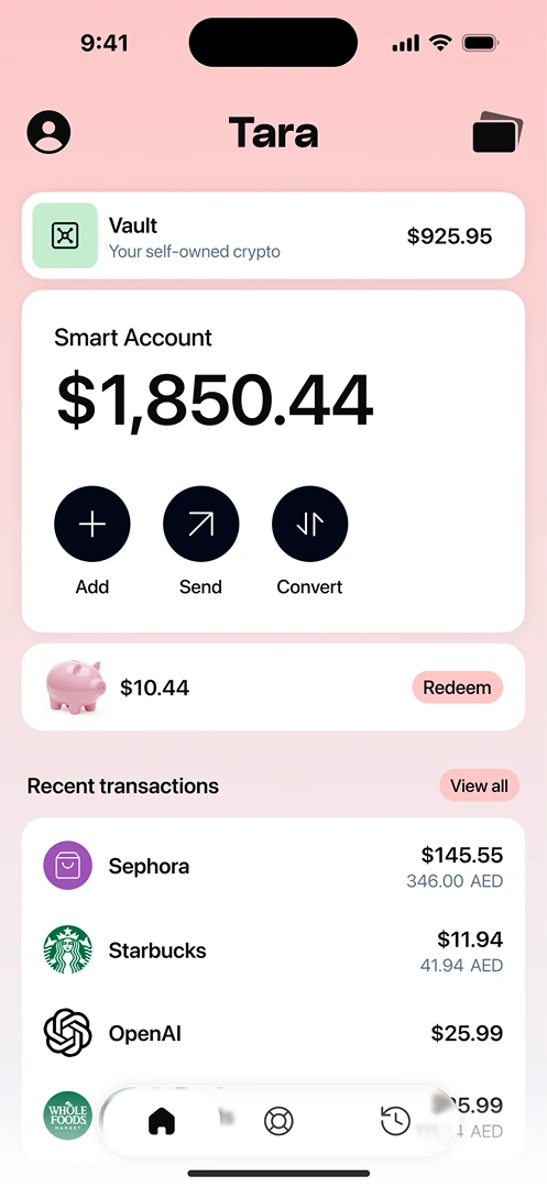Tara Smart Account screen showing the spending balance