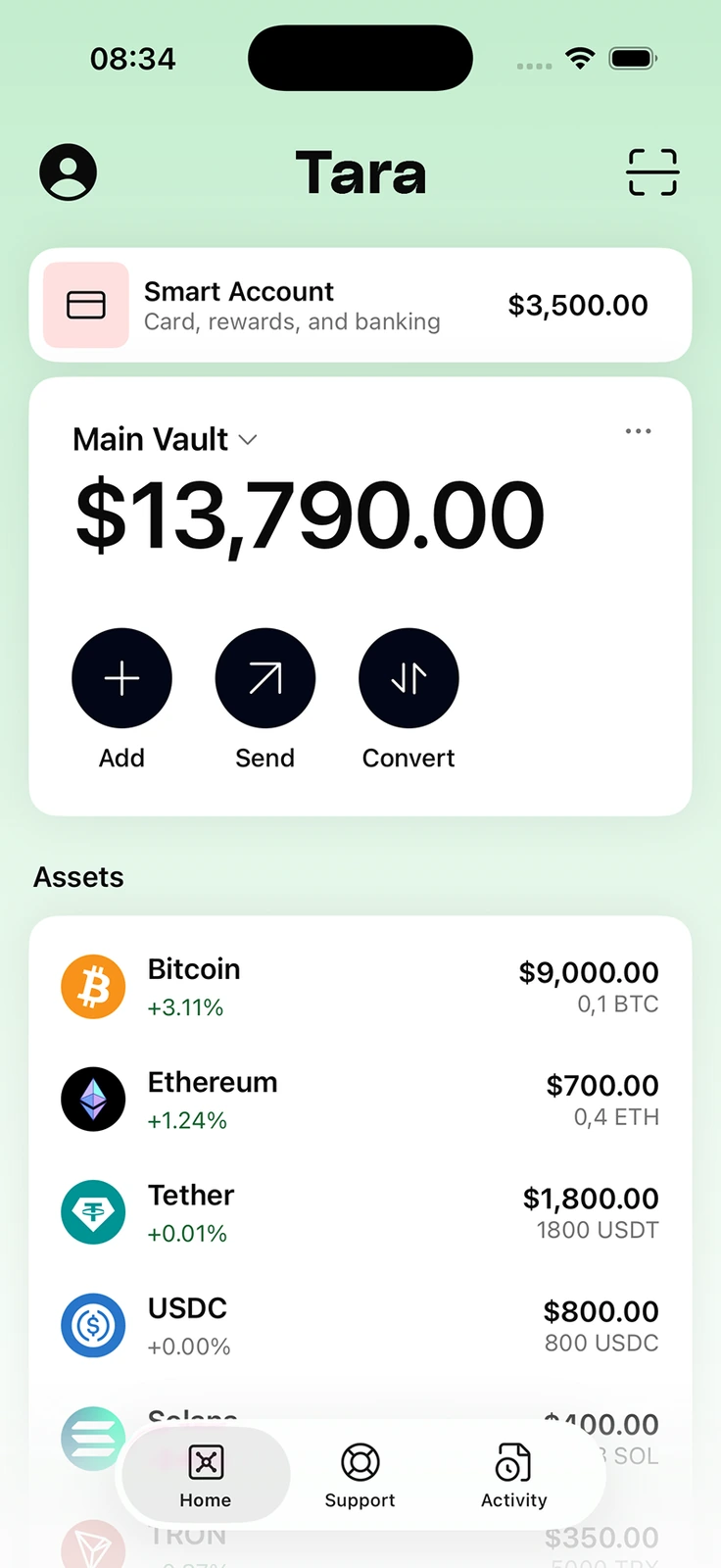 Tara Vault screen showing held assets