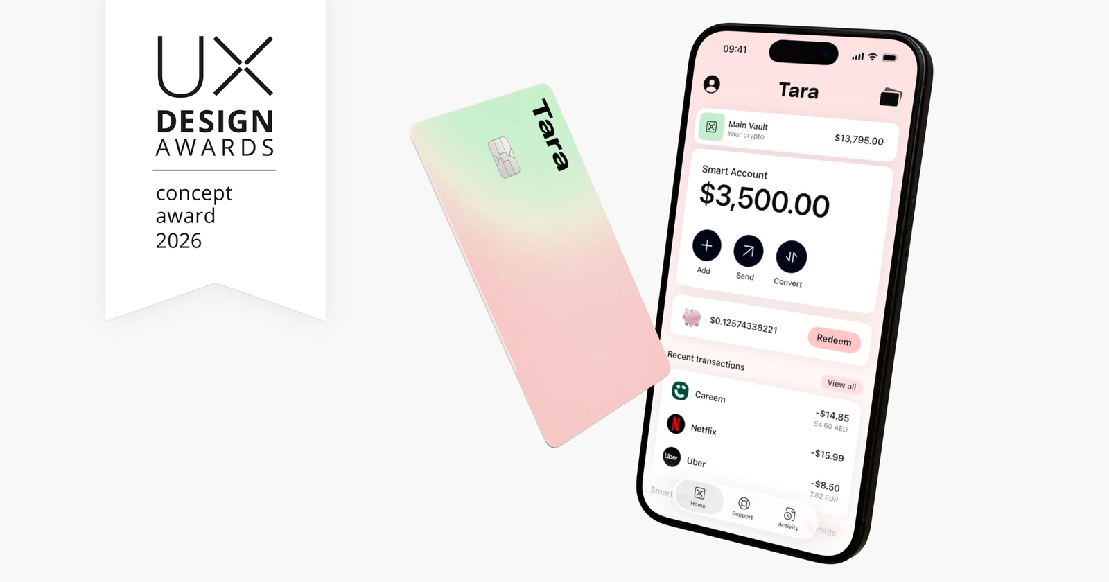 UX Design Awards concept award 2026 badge beside a Tara card and the Tara app on a phone.