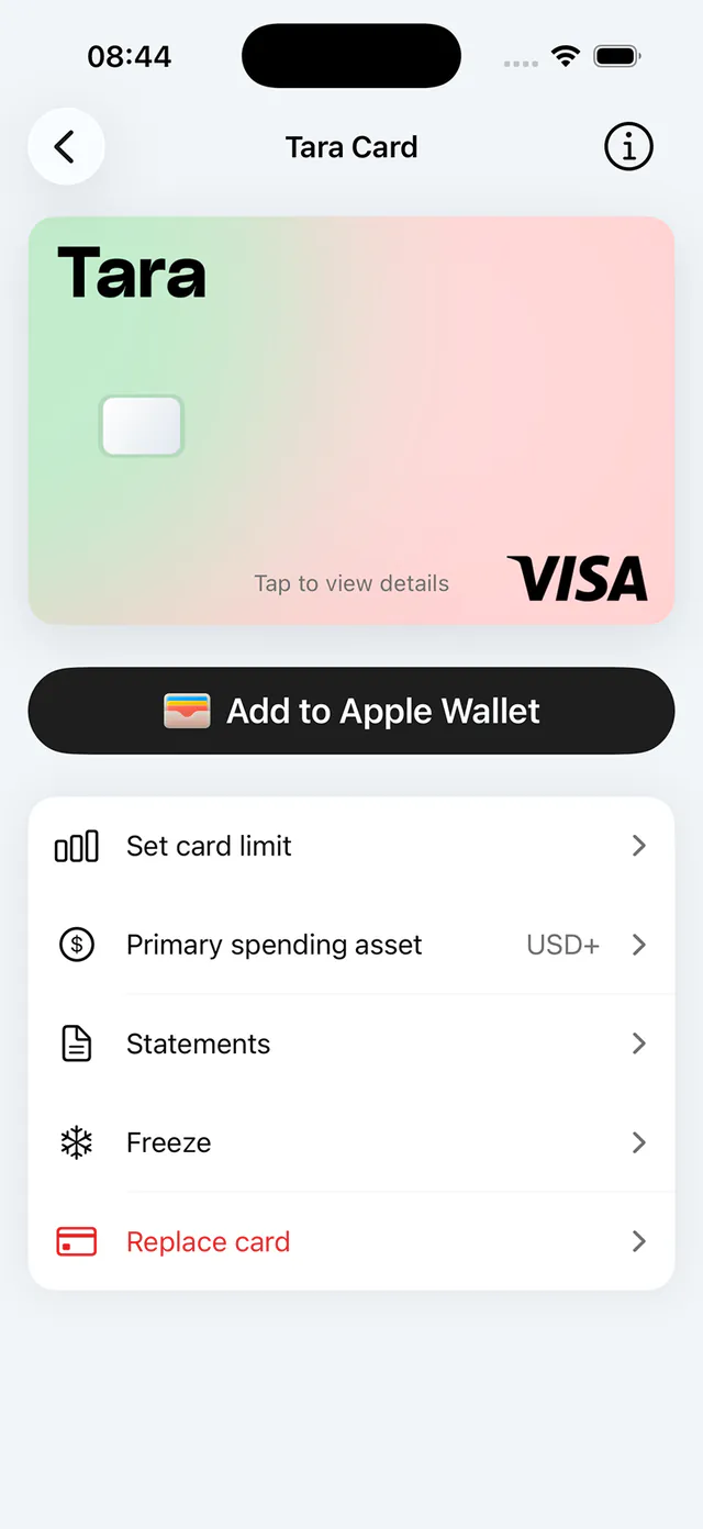 The Tara Card screen in the app: the card with an Add to Apple Wallet button, above controls to set a card limit, pick the primary spending asset, view statements, freeze, or replace the card.