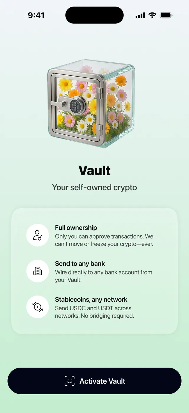 The Vault intro screen in the Tara app, listing full ownership, sending to any bank, and stablecoins on any network, above an Activate Vault button.