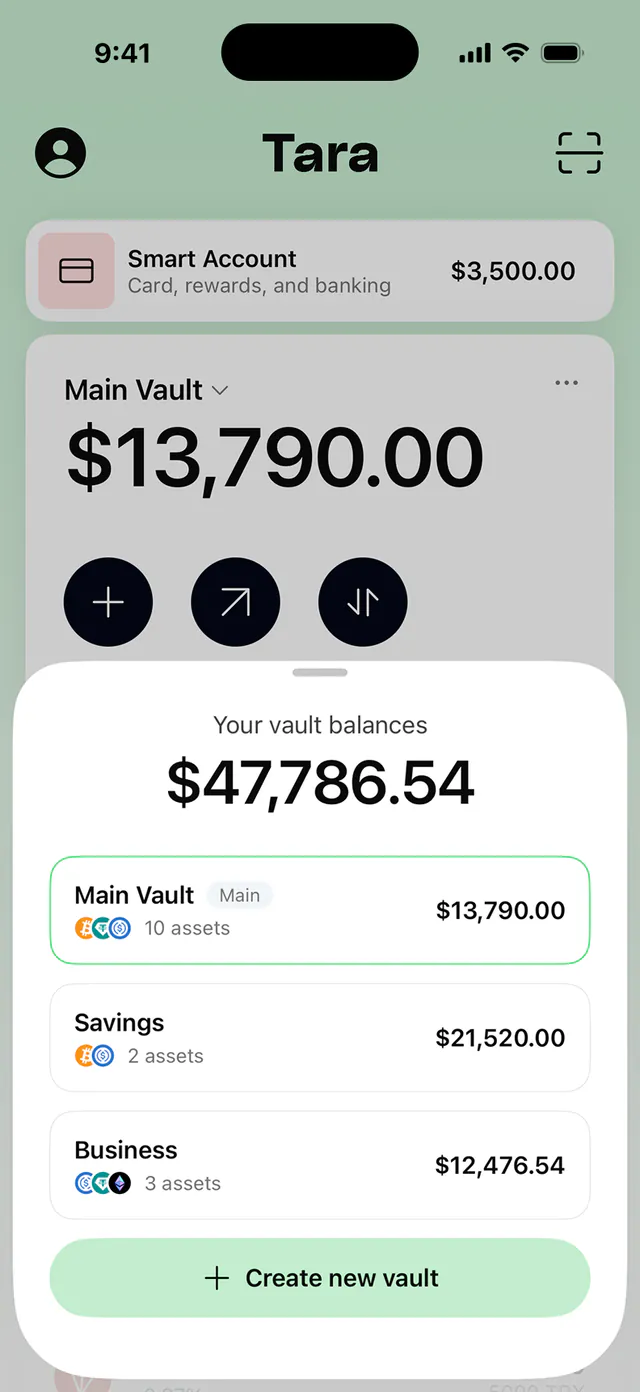 A vault balances sheet in the Tara app: separate Main, Savings and Business vaults, each with its own balance and asset count, above a Create new vault button.